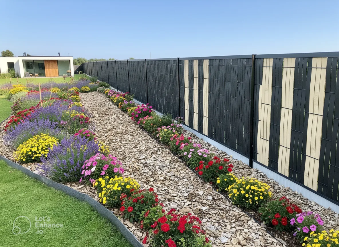 Cloture composite droit bicolore anthracite brun jardin fleuri